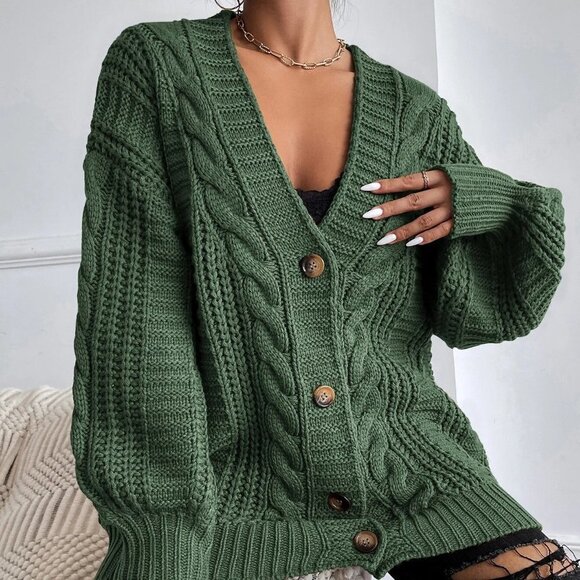 Green Casual Womens Solid Button Front Cable Knit Cardigan - Picture 5 of 5